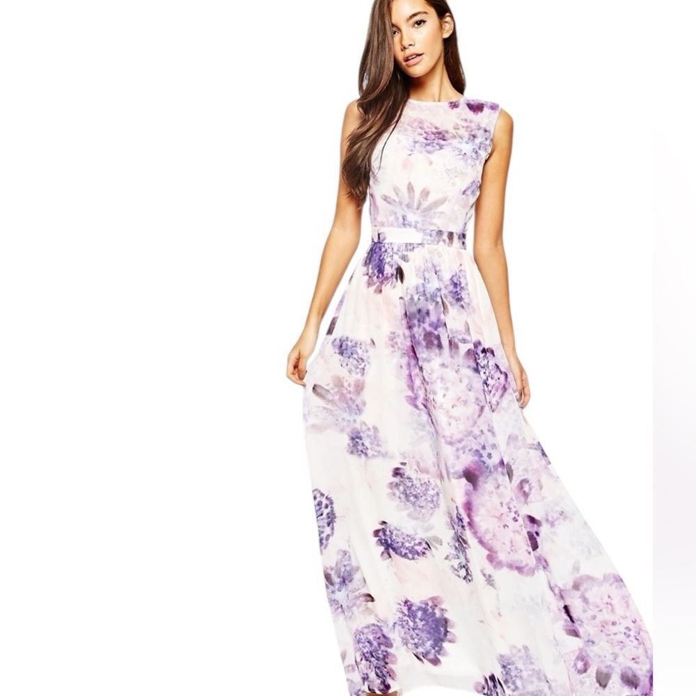 True Violet X ASOS Floral Chiffon Maxi Dress Open Back Whimsical Fairy Wedding